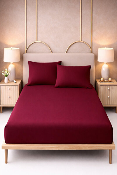 MORE HOME طقم ملاءات مطاطية مزدوجة + غطاء وسادة باللون الأحمر الداكن-أنثراسايت