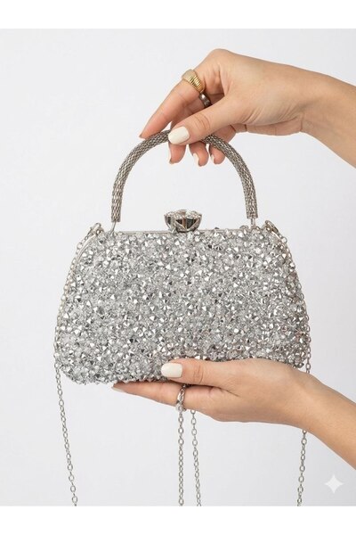 çantamgelsin Γυναικεία Ασημένια Κρυστάλλινη Μεγάλη Πέτρα Βραδινή Τσάντα Φόρεμ...