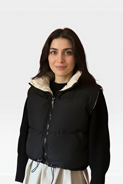 FEG STORE BEJ-SİYAH ÇİFT TARAFLI DİK YAKA ŞİŞME KOLSUZ MONT-YELEK