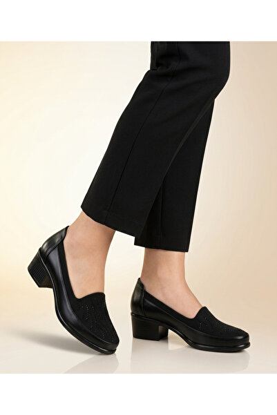 Gönbeler Black Stone Stretch Detailed Full Orthopedic Sole Women's Heeled Sho...