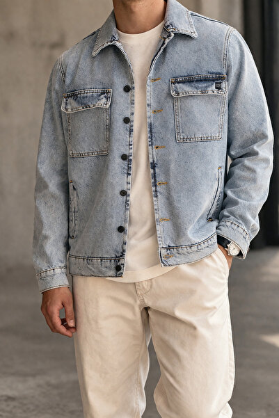 Souris Jachetă de blugi pentru bărbați, Ice Blue, cu buzunare duble și husă d...