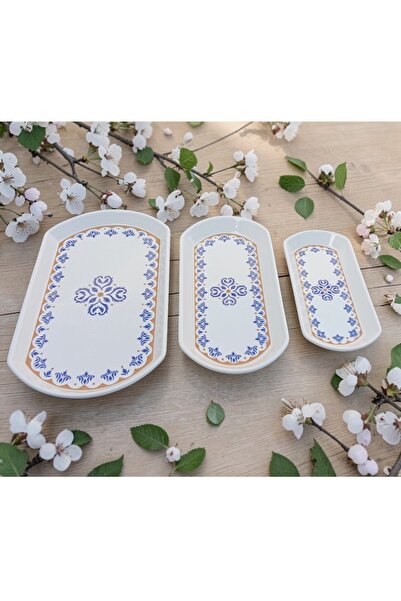 Pinkev Ottoman 3 Size Ceramic Oval Kayık Breakfast Presentation Plate Set