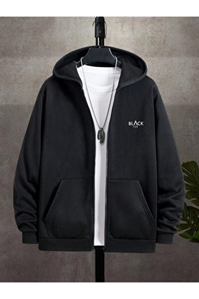 Deep sense Erkek Siyah Kapüşonlu Fermuarlı Oversize Sweatshirt Kışlık Okul Hı...