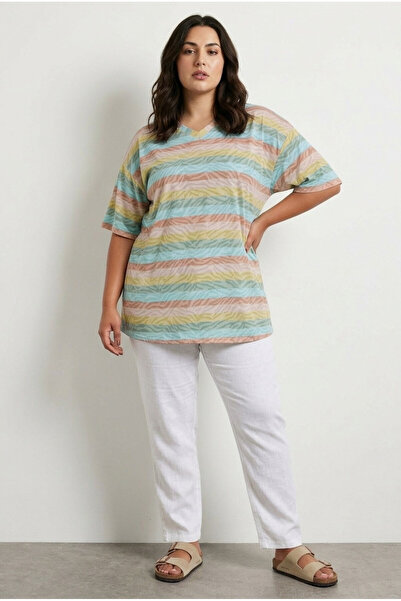 Stil Diva Tricou cu mânecă scurtă, cu decolteu în V, cu dungi, din bumbac și ...