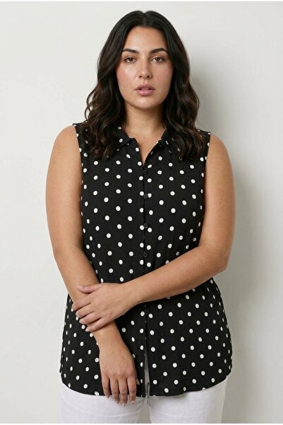 Stil Diva Tricou Lycra cu buline, fără mâneci, cu guler polo, cu nasturi, măr...