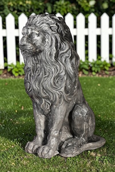 libre design Dekoratif 53cm Gri Eskitme Aslan Heykeli Ev Balkon Bahçe Dekoras...