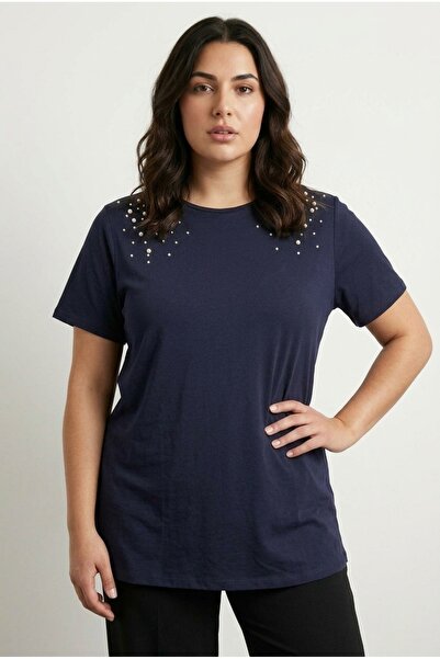 Stil Diva Tricou cu mânecă scurtă, cu decolteu rotund, brodat cu perle, din l...