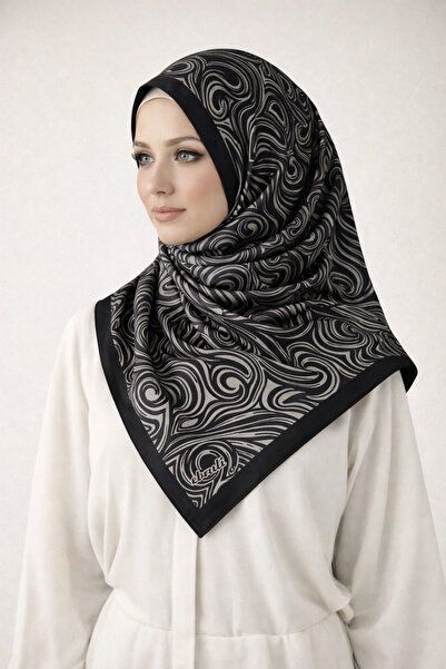 mim eşarp Ebruli Jan Jan Spiral Desenli Eşarp 90x90 cm