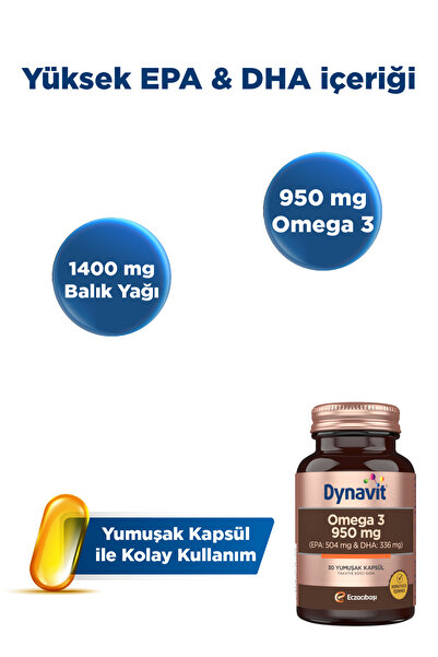 Dynavit Omega 3 950 mg 30 Yumuşak Kapsül - Yüksek EPA & DHA -1400mg Balık Yağı-Fish Oil Kalp Sağlığı