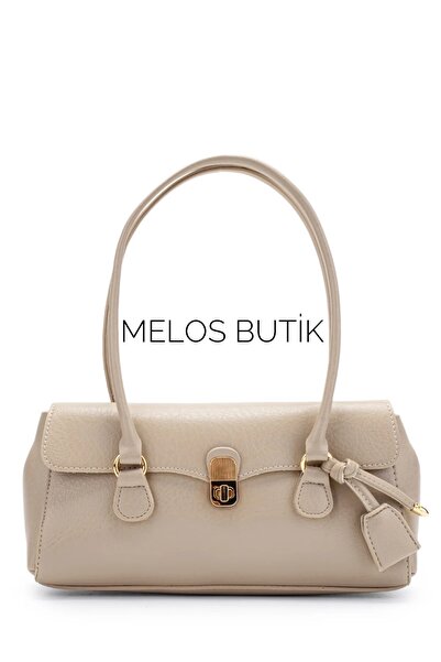 Melos Butik Γυναικεία Κρεμ Μπαγκέτα με Κλείδωμα Δερμάτινο El Ve Τσάντα ώμου