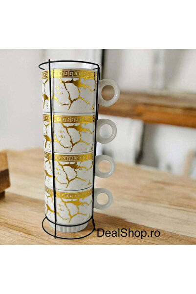 dealshopromania Set de 4 cești ceramice 250 ml marmură albă cu suport metalic...