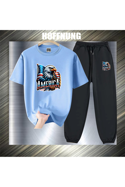 HOFFNUNG Unisex Casual Short Sleeve Set with Flag Eagle America Print Outdoor...