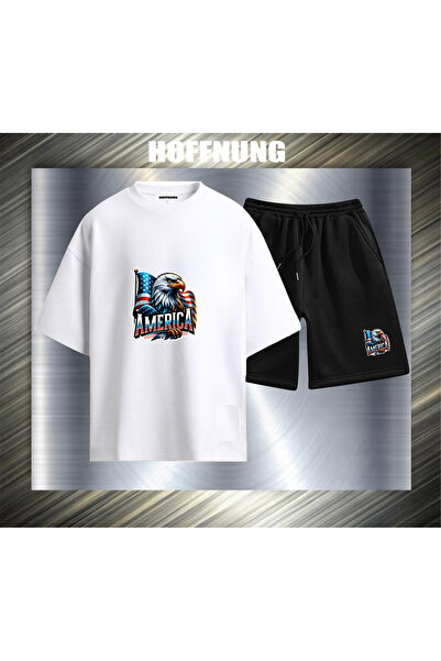 HOFFNUNG Unisex Casual Short Sleeve Set with Flag Eagle America Print Outdoor...