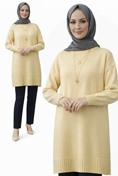 MODASPARK Sarı Bisiklet Yaka Oversize Triko Kazak Tunik