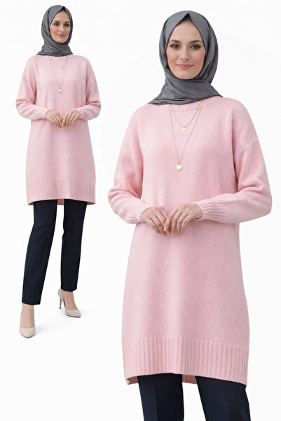 MODASPARK Pembe Bisiklet Yaka Oversize Triko Kazak Tunik