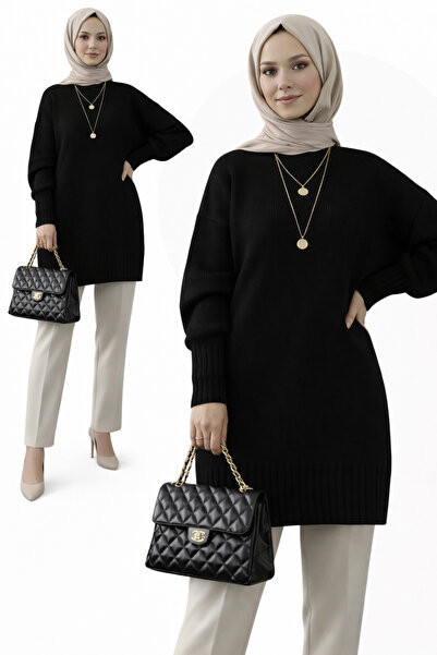 MODASPARK Siyah Bisiklet Yaka Oversize Triko Kazak Tunik