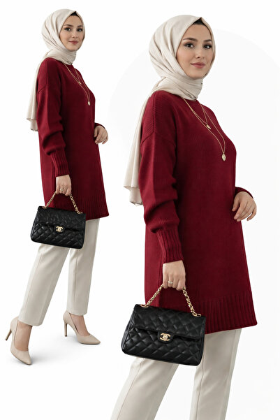MODASPARK Bordo Bisiklet Yaka Oversize Triko Tunik