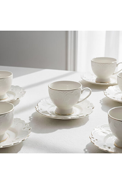 Malooki Set of 6 cups with 6 saucers, porcelain, 180 ml - White lace pattern