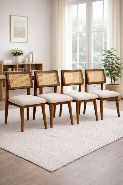 Lif Mobilya Hasır Sandalye Ceviz Renk – İskandinav Tasarım (4’lü Set)