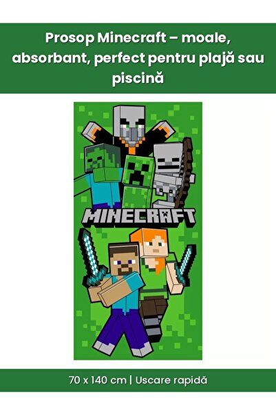 Disney Set Plaja Copii Minecraft 3 Piese-Prosop Plaja 70x140 cm, Borseta Copii si Sticla Apa 640 ml