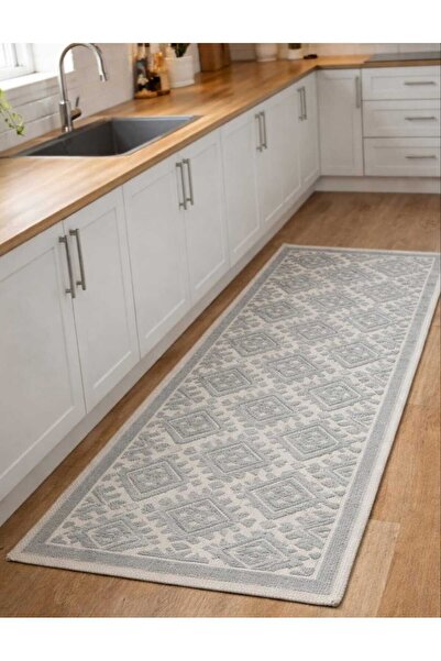 OEM Covor țesut din bumbac, dimensiune 80 x 150 cm, crem și gri, cod CB09C