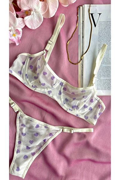 Fanwet Γυναικείο Σετ Μπραλέτ με Λεπτομέρεια Λιλά Καρδιά από Τούλι - Love