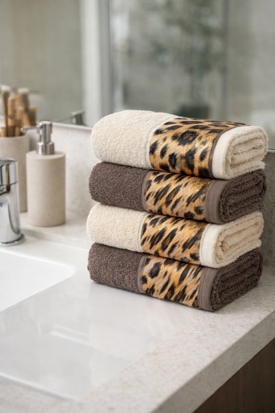 Ellaline 4-Piece Leopard Towel Set 100% Cotton Certified, Hand / Face / Kitchen Towels 50X90Cm Brown - Cream