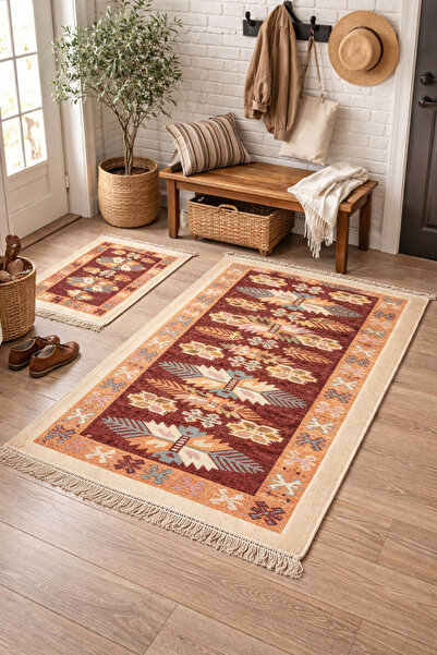 OEM 1+1 set covoare tradiționale țesute, dimensiuni 100x200cm+60x90cm, roșu ș...