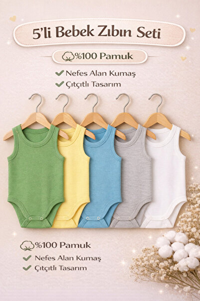 Vivolas %100 Pamuk 5'li Bebek Çıtçıtlı Body Atlet Seti Renkli Zıbın Kız & Erk...