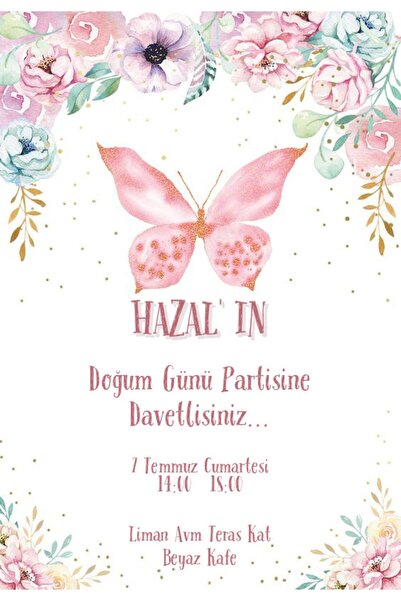 Belinay Kelebek Temalı Doğum Günü Davetiyesi 204-01 (50 ADET)