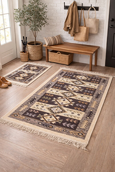 OEM 1+1 Covoare tradiționale țesute, față-verso, 120×180+60×90 cm, maro și cr...