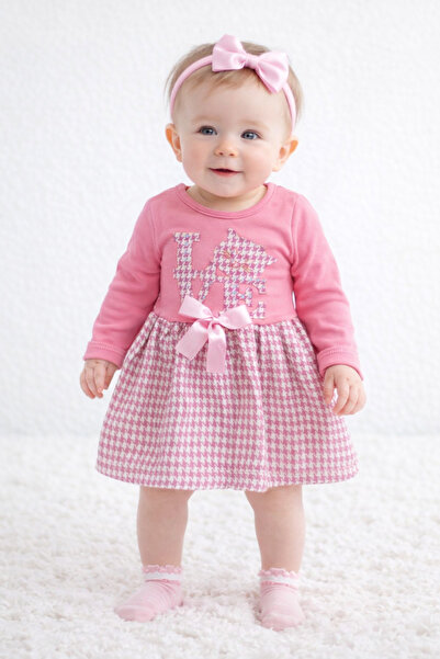 Mika Bebek & Çocuk Love Embroidered Girl's Pink Tight Fit Girl's Plaid Dress