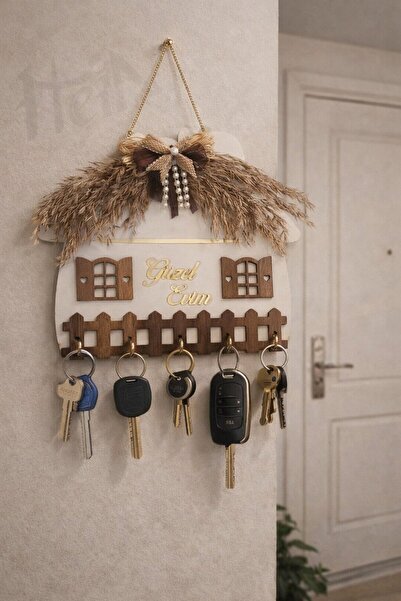 HeiN Güzel Evim Yazılı Ahşap Anahtar Askılığı Duvar Askılı Anahtarlık (ANNELE...
