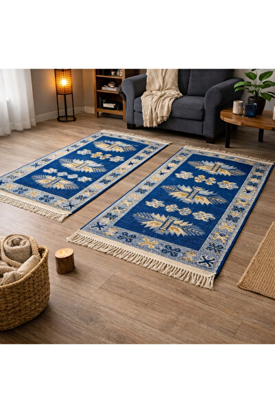 OEM 1+1 Covoare tradiționale țesute, față-verso, 80 x 125 cm, albastru și cre...