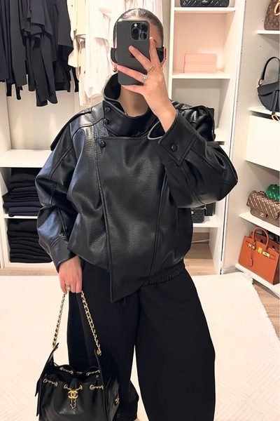 MEECY Viral Oversized Women's Leather Jacket High Collar Black Urban Style Women's Leather Jacket