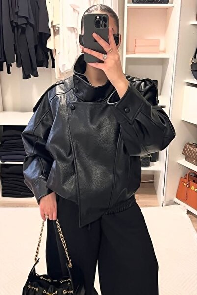 MEECY Viral Oversized Women's Leather Jacket High Collar Black Urban Style Wo...