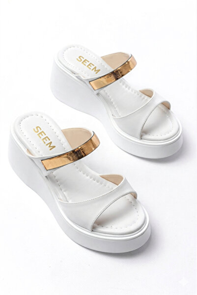 SEEM Helene Gold Detailed Wedge Heel Women's White Slipper