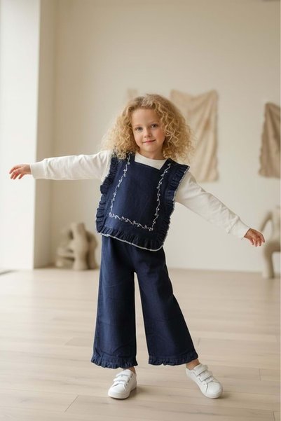 s.t. sebat tekstil Girl's Denim Pants and Blouse Set Blue