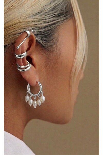Markiz Takı Judgement Earrings Genuine Pearl Hoop 2 Cm