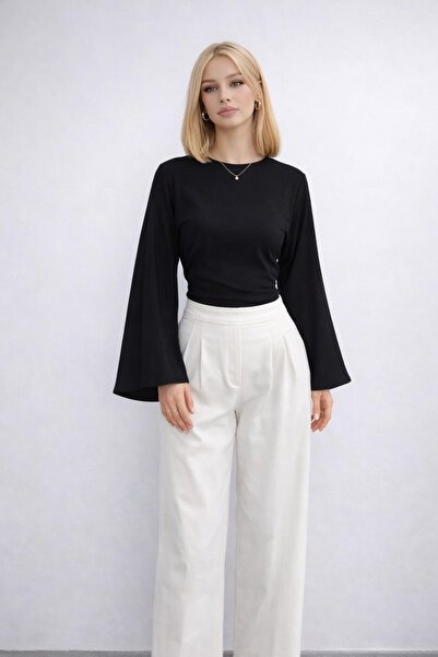 Avakado Siyah Modal Bluz Bele Oturan Bisiklet Yaka Geniş Kollu Basic Üst