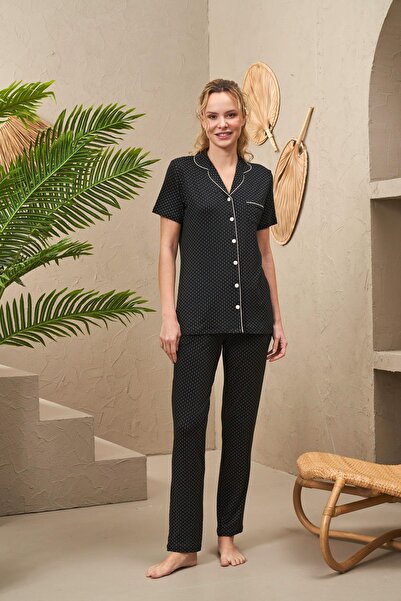 PJS 25186 Costum de pijama cu mânecă scurtă, cu nasturi, cu rever, pentru femei