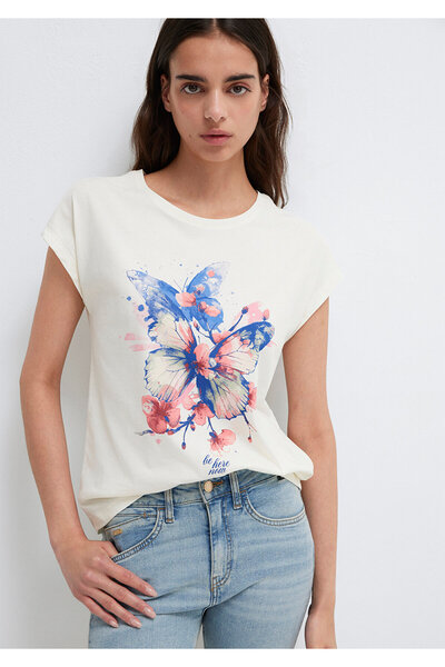 Mavi Kelebek Printed Ecru T-Shirt Regular Fit / Normal Cut 1613718-80194