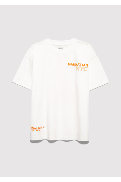 Mavi Kedi Sırt Printed Ecru T-Shirt Oversized / Wide Cut 6610408-70057