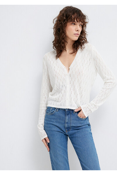 Mavi Örgü Detaylı Ekru Hırka Slim Fit / Dar Kesim 1710845-70057