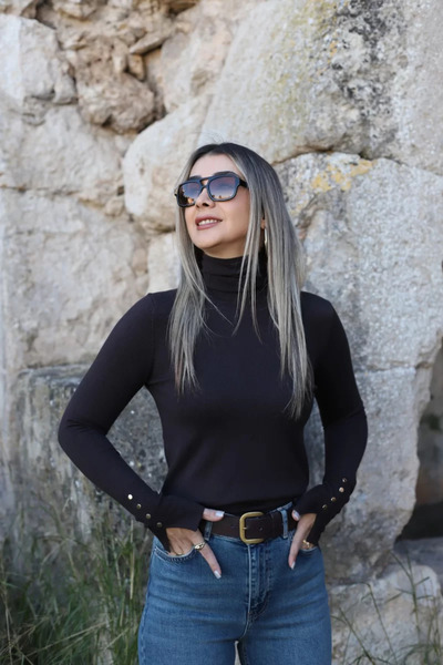 bytugcekaya Bitter Brown Turtleneck Standard Size Sleeve Drop Pullover