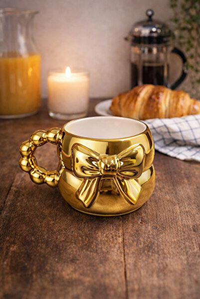 İZart كوب سيراميك مطلي بالذهب بنمط فيونكة ثلاثية الأبعاد، تصميم خاص منقوش ومص...