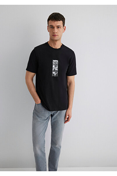 Mavi تي شيرت أسود مطبوع بقصة عادية / قطع عادي 0612674-900