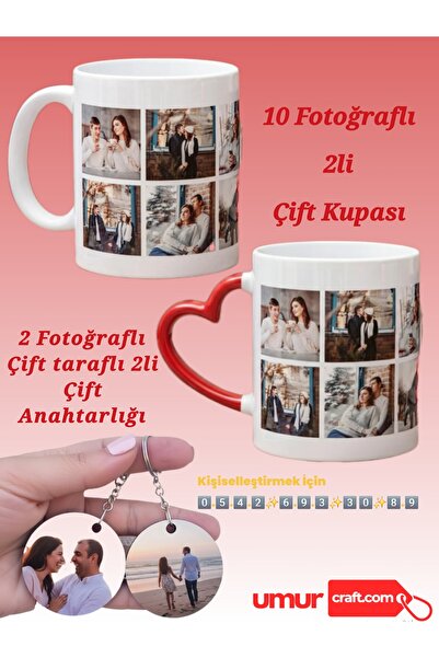 umurcraft Kişiye Özel 10 Fotoğraflı 2li Çift Kupa Seti Anahtarlık Hediyeli