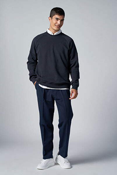 bilcee Men's Dark Navy Blue Crew Neck Brushed Soft Textured Sweatshirt 4786