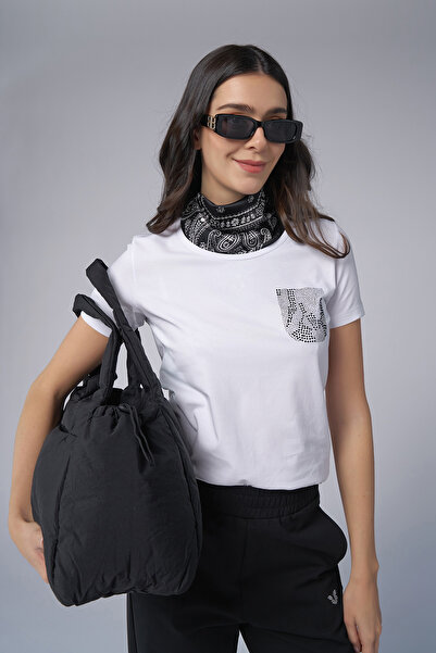 bilcee Women's White Pocket Stone Printed T-Shirt 4077